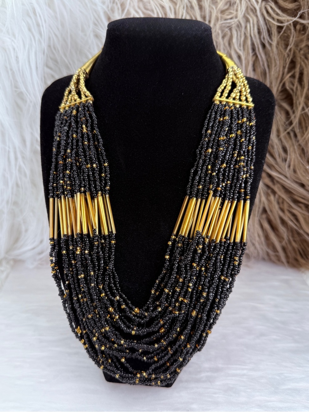 Vintage Black Gold Multi Strand Seed Bead Statement Necklace